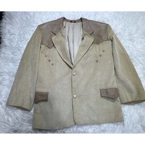 Vintage Pioneer Wear Western Sport Coat Blazer Corduroy Beige Leather Motif Trim